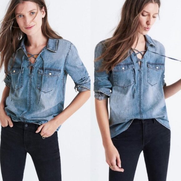 Madewell Denim Lace-Up Shirt Chester Wash Chambray Blue Size Small Popover‎ Boho - Picture 1 of 8